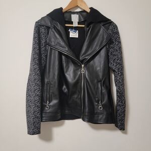Joie Black Leather Jacket with Textured Gray Sleeves